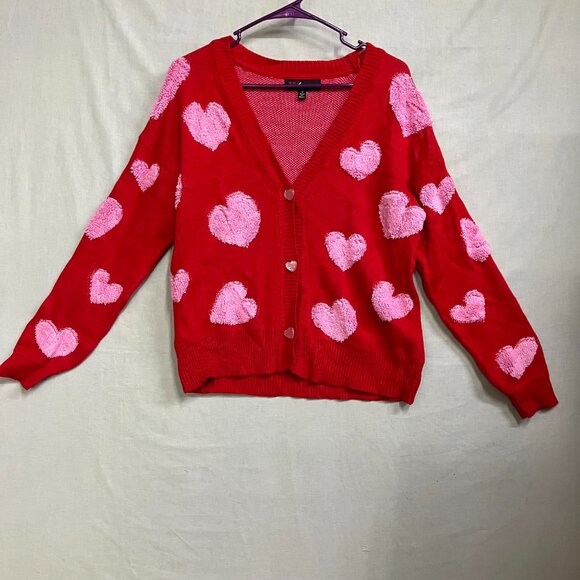33 Degrees Women Small Red Valentine's Day Pink Hearts Graphic Cardigan Sweater - Picture 5 of 12